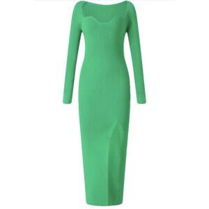 Women Vintage-Square Neck Long Sleeve Bodycon Rib Knit Slit Sweater Pencil Dress